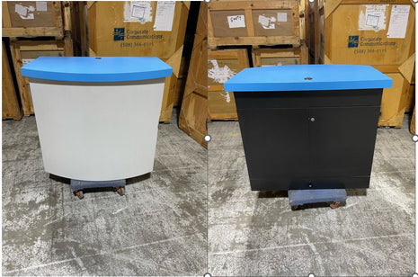 White Curved Laminated Cabinet with Blue Countertop