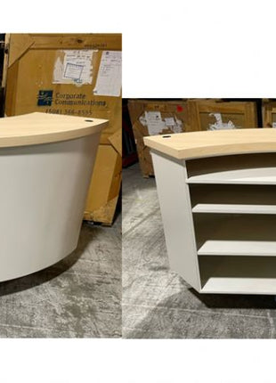 White Curved Laminated Cabinet with Light Wood Grain Countertop