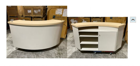 White Curved Laminated Cabinet with Light Wood Grain Countertop